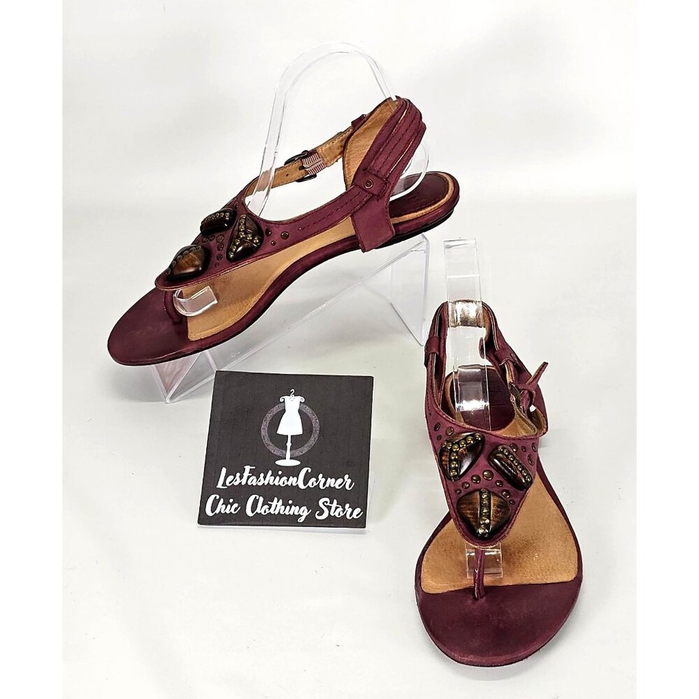 FRYE Women's Purple Leather Ornament Designer Wooden Flat Sandals Size 9 1889